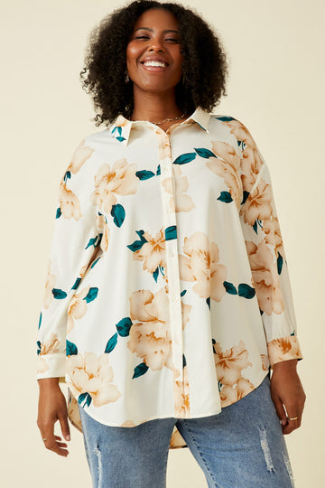 HY7254W Cream Plus Romantic Floral Soft Stain Button Up Shirt Front
